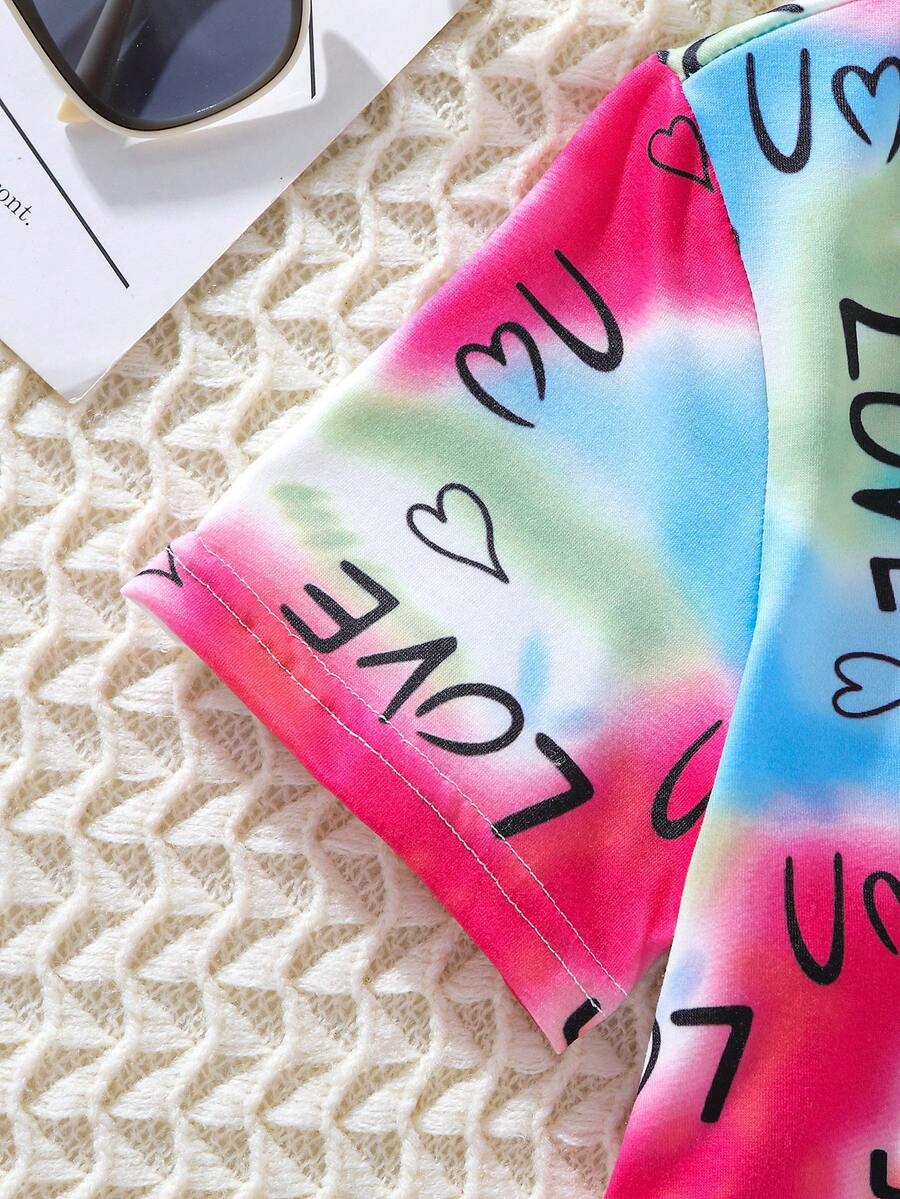 Tween girls multicolor tie dye short sleeve tee mini dress featuring ruched sides, round neck, and slim fit design.