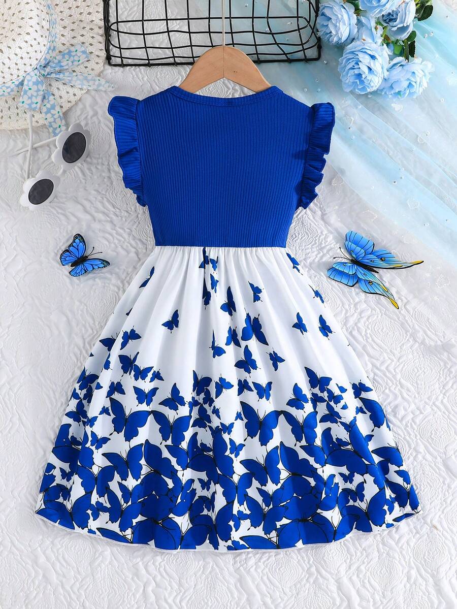 Tween girls blue floral print A-line midi dress featuring round neck, ruffle and contrast mesh details, high waist, and flared hem.