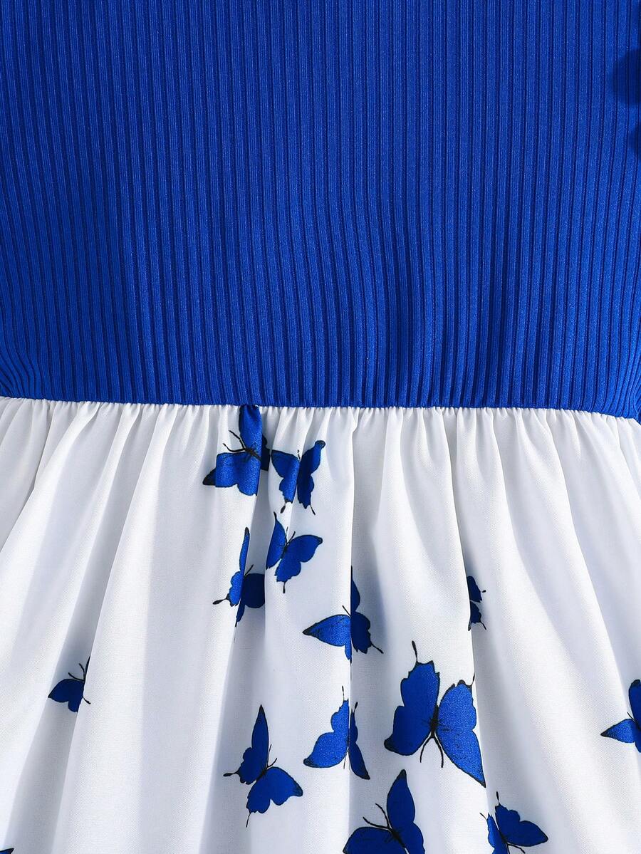Tween girls blue floral print A-line midi dress featuring round neck, ruffle and contrast mesh details, high waist, and flared hem.
