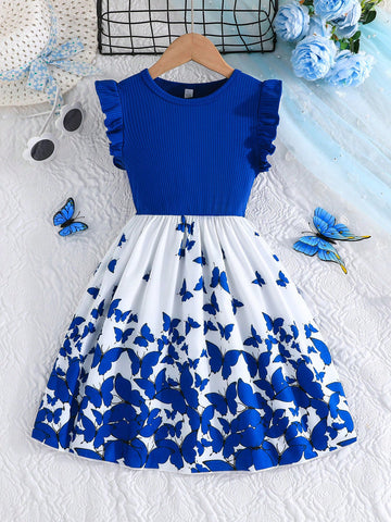 Tween girls blue floral print A-line midi dress featuring round neck, ruffle and contrast mesh details, high waist, and flared hem.