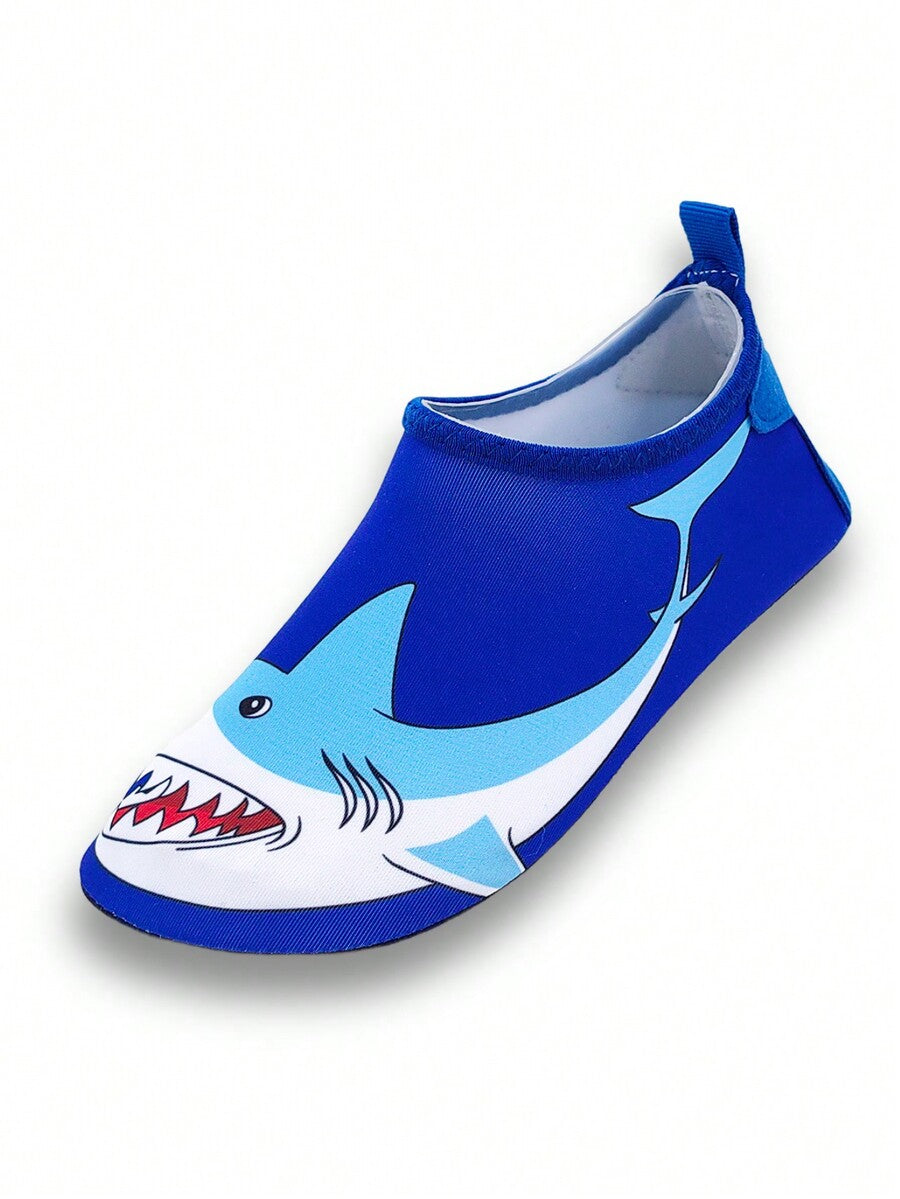 Boys blue shark pattern water shoes with breathable fabric upper and soft bottom TPR outsole.