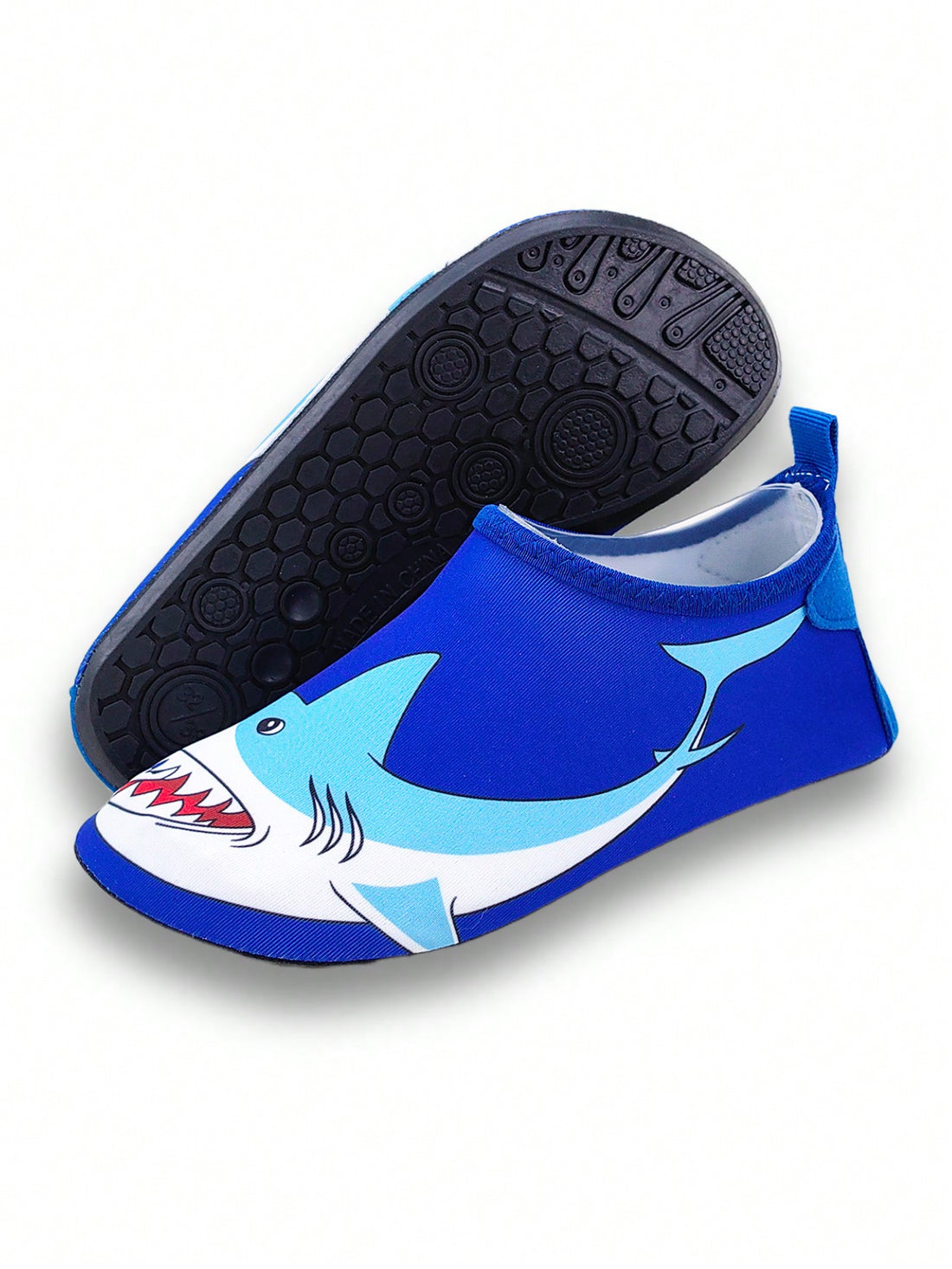Boys blue shark pattern water shoes with breathable fabric upper and soft bottom TPR outsole.