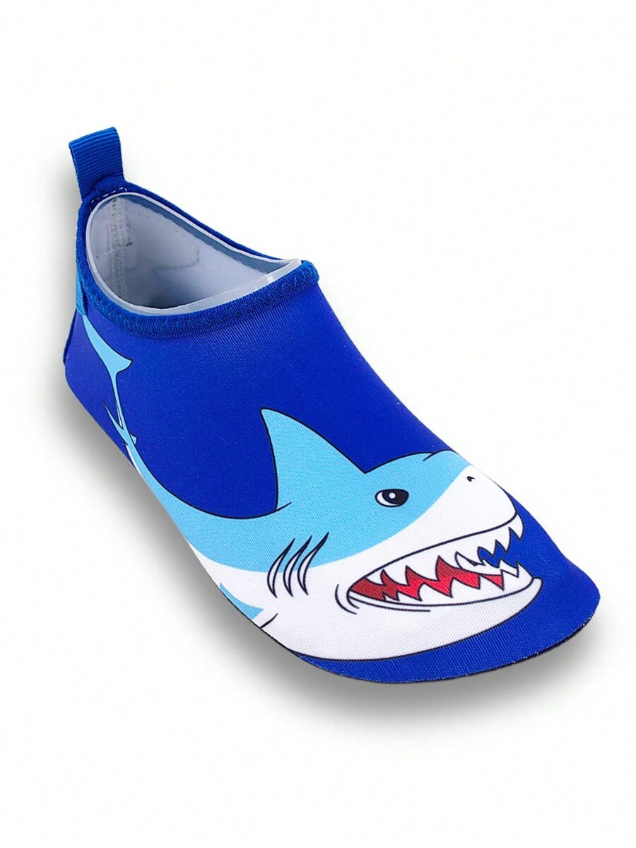 Boys blue shark pattern water shoes with breathable fabric upper and soft bottom TPR outsole.
