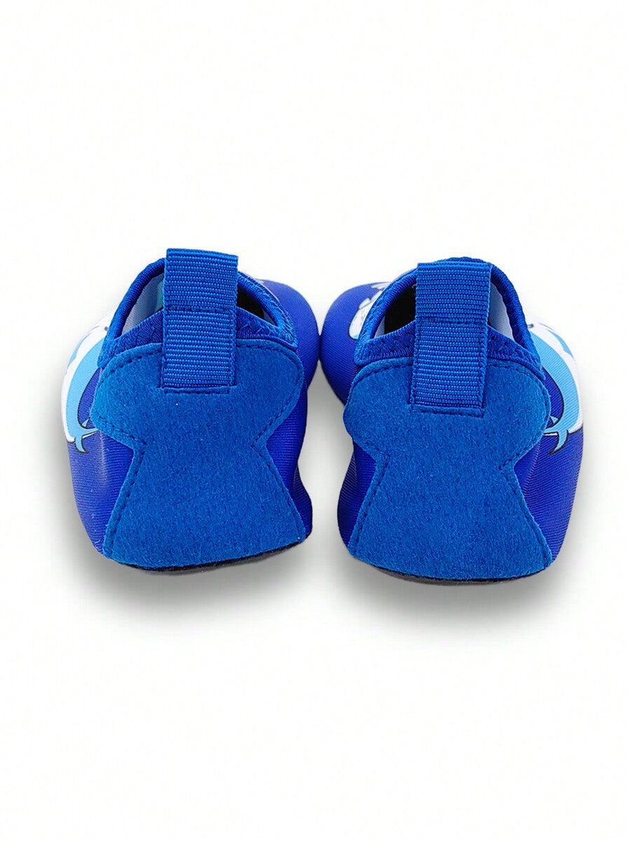 Boys blue shark pattern water shoes with breathable fabric upper and soft bottom TPR outsole.