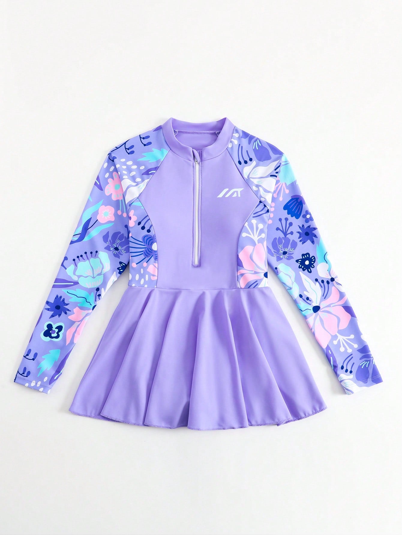Tween girls one-piece swimsuit in black floral pattern with long sleeves, high neck, front zipper, and a skirt-style bottom.