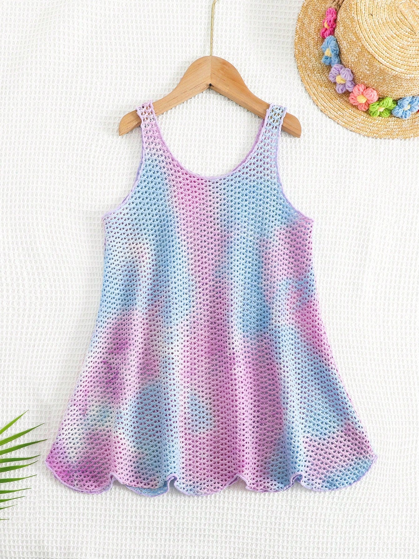 Multicolor hollow out geometric sleeveless swimwear cover-up for girls featuring scoop neck design.