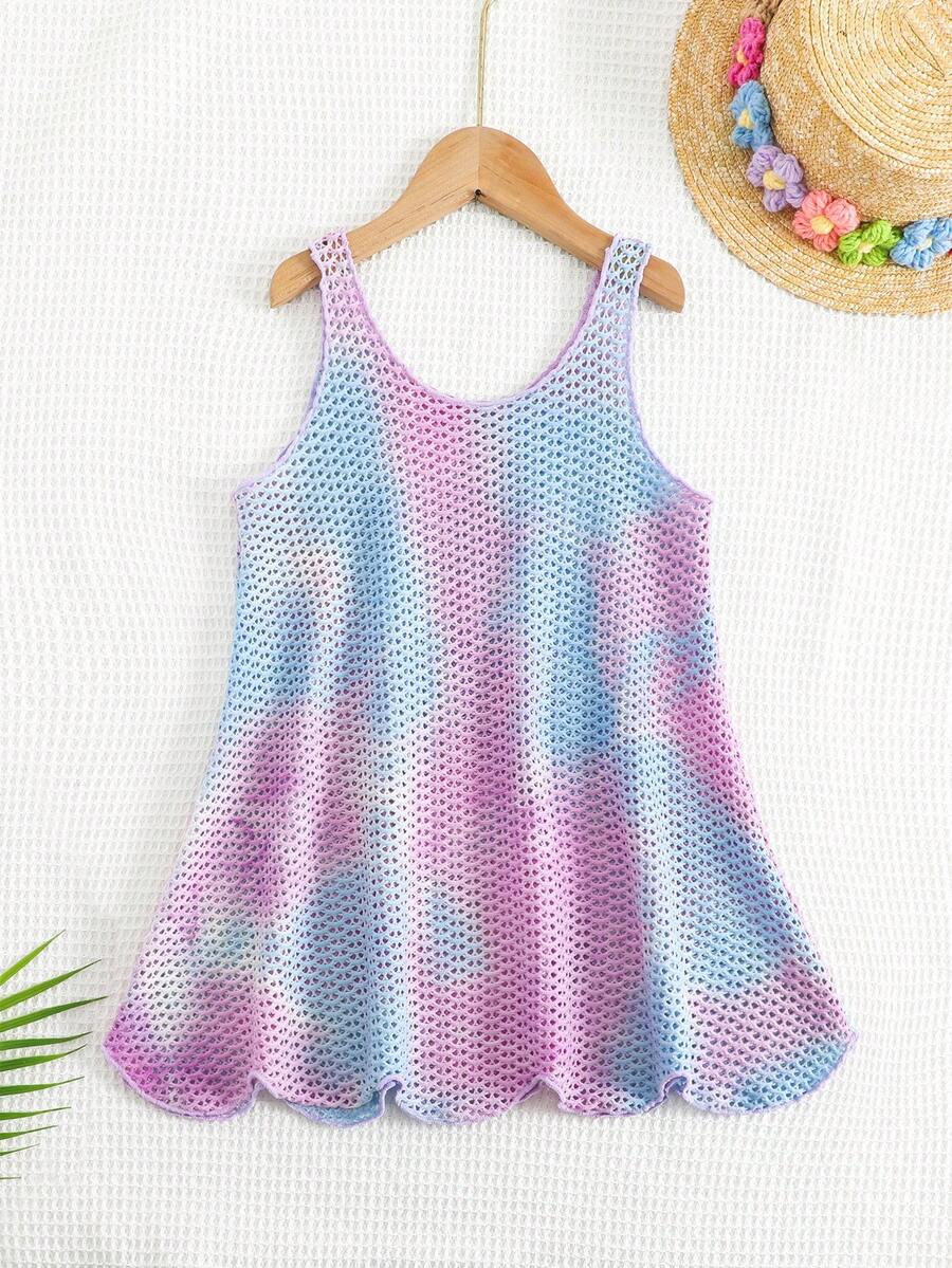 Multicolor hollow out geometric sleeveless swimwear cover-up for girls featuring scoop neck design.