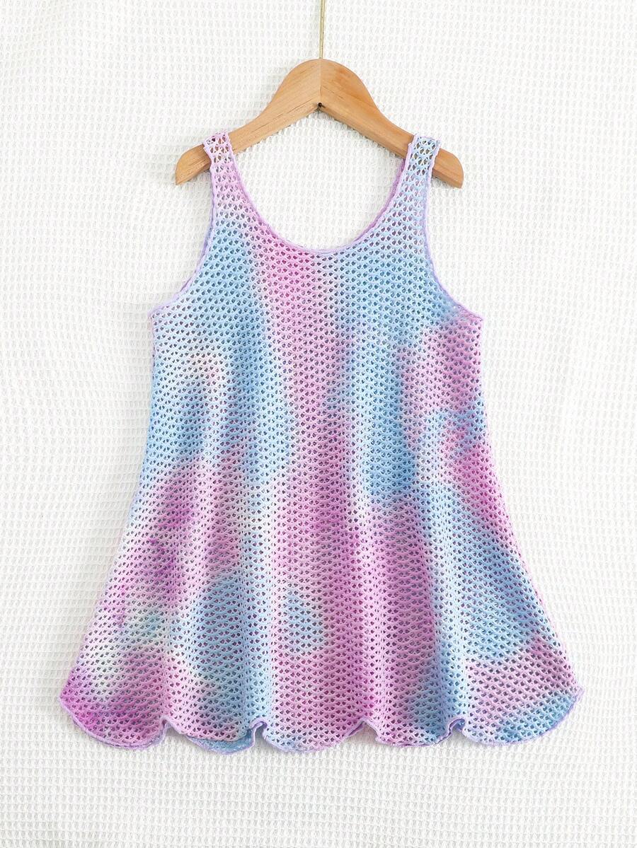 Multicolor hollow out geometric sleeveless swimwear cover-up for girls featuring scoop neck design.
