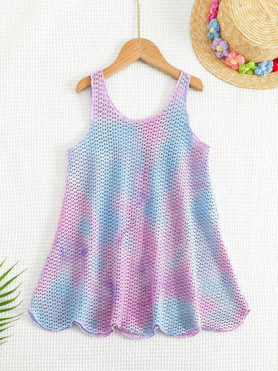 Multicolor hollow out geometric sleeveless swimwear cover-up for girls featuring scoop neck design.