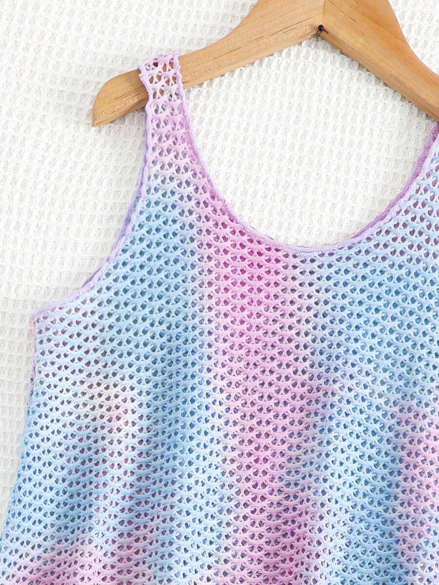 Multicolor hollow out geometric sleeveless swimwear cover-up for girls featuring scoop neck design.