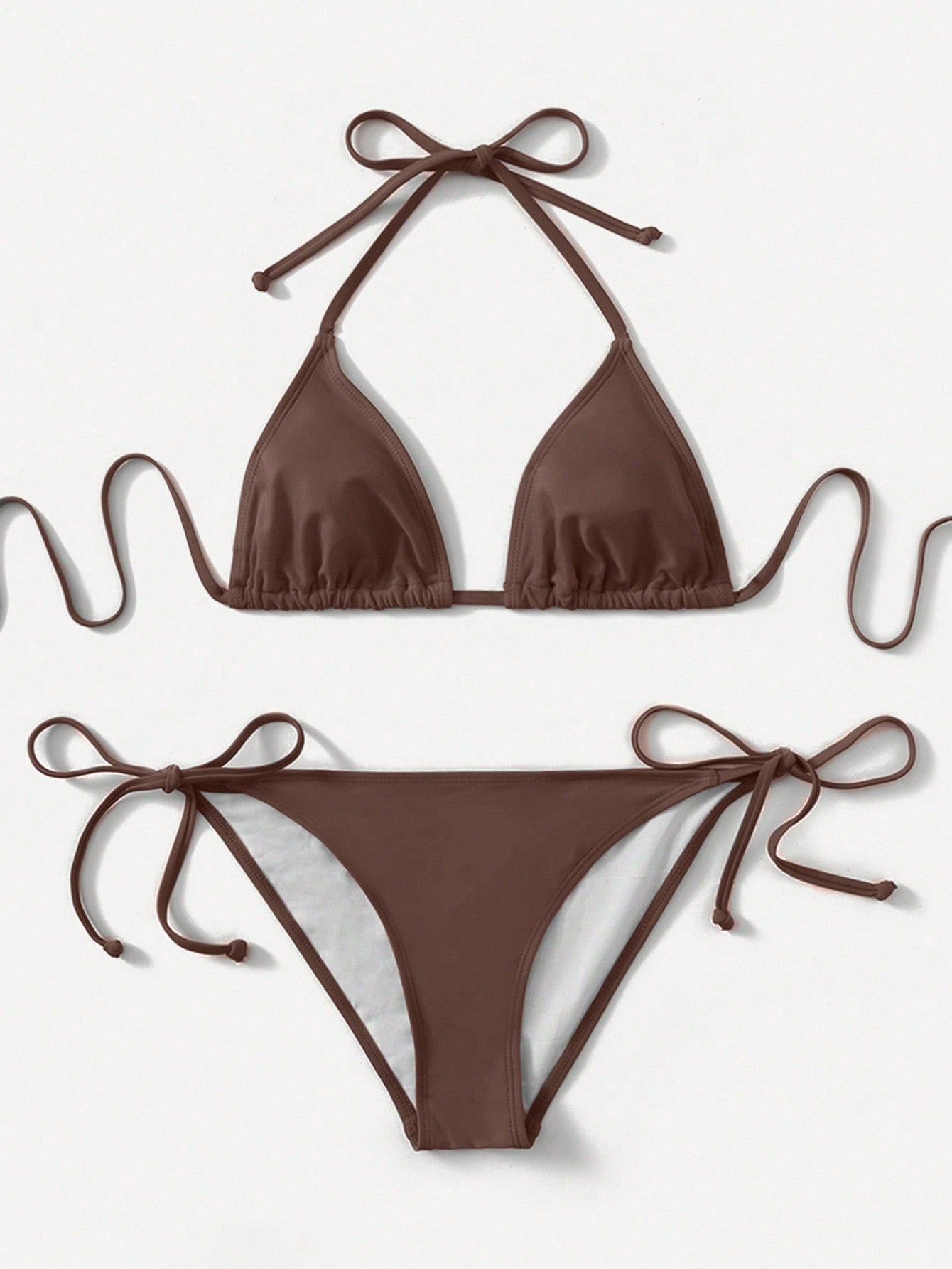 Women's high waist halter tie bikini swimwear set featuring triangle cups, wireless bra with removable padding, and tie side bottoms.