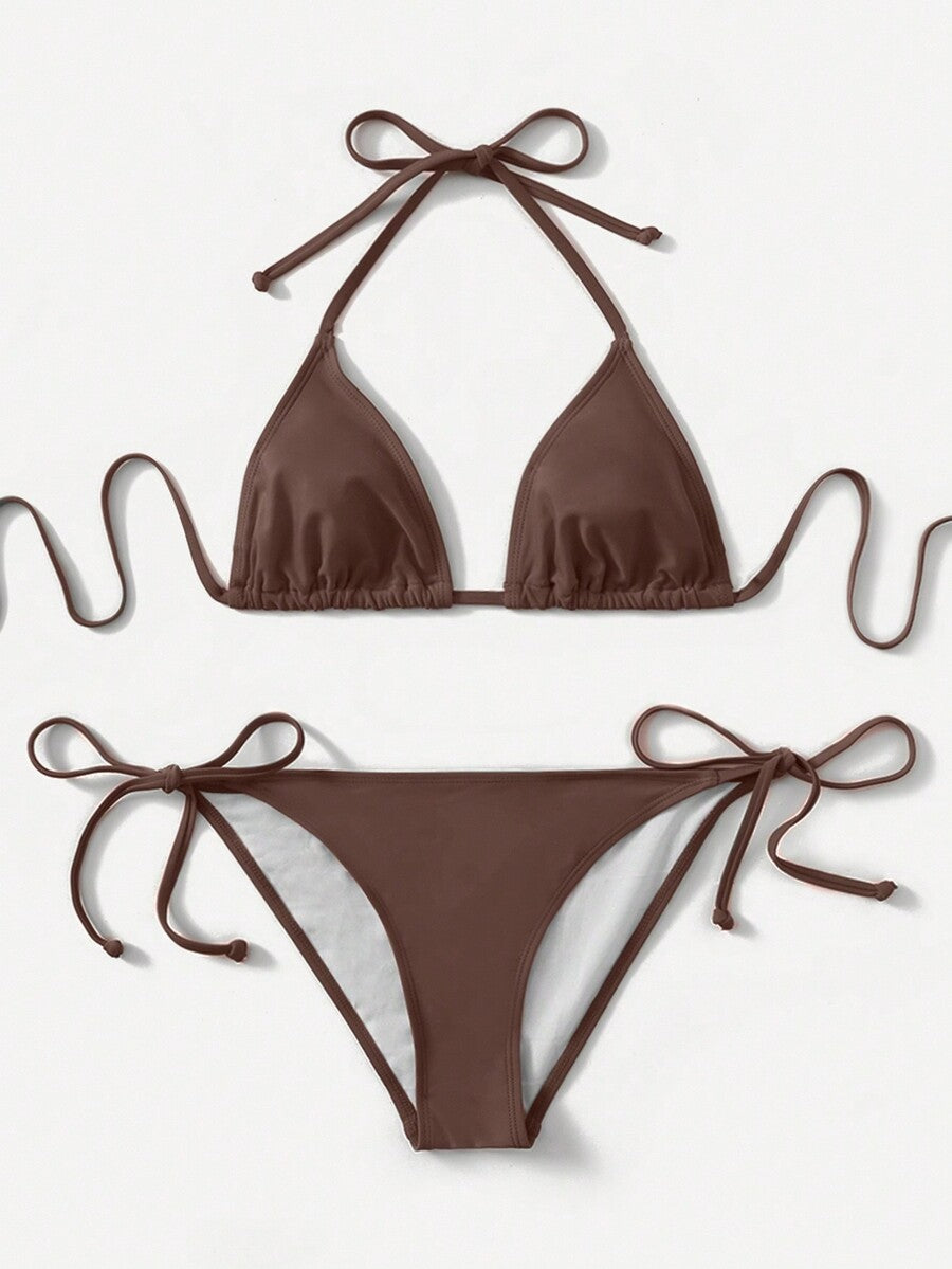 Women's high waist halter tie bikini swimwear set featuring triangle cups, wireless bra with removable padding, and tie side bottoms.