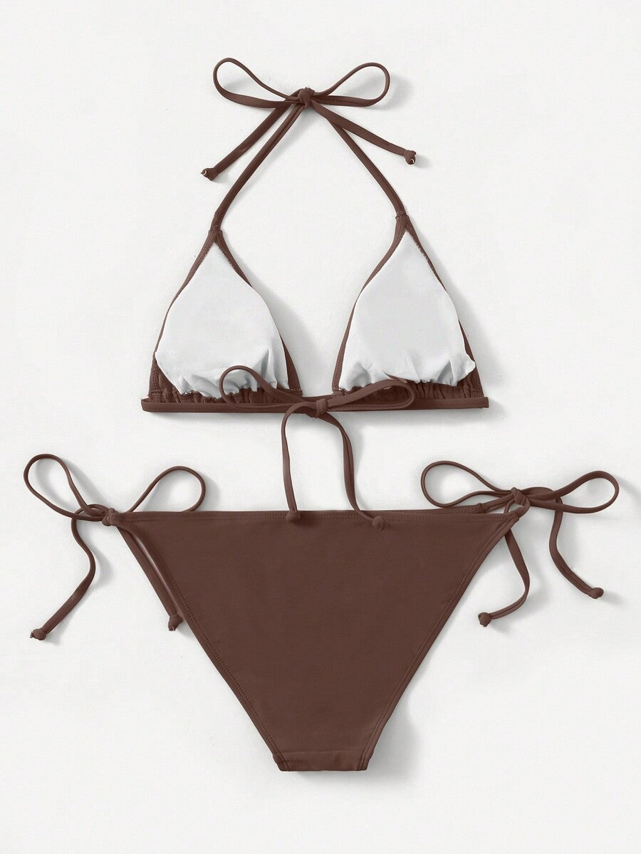 Women's high waist halter tie bikini swimwear set featuring triangle cups, wireless bra with removable padding, and tie side bottoms.