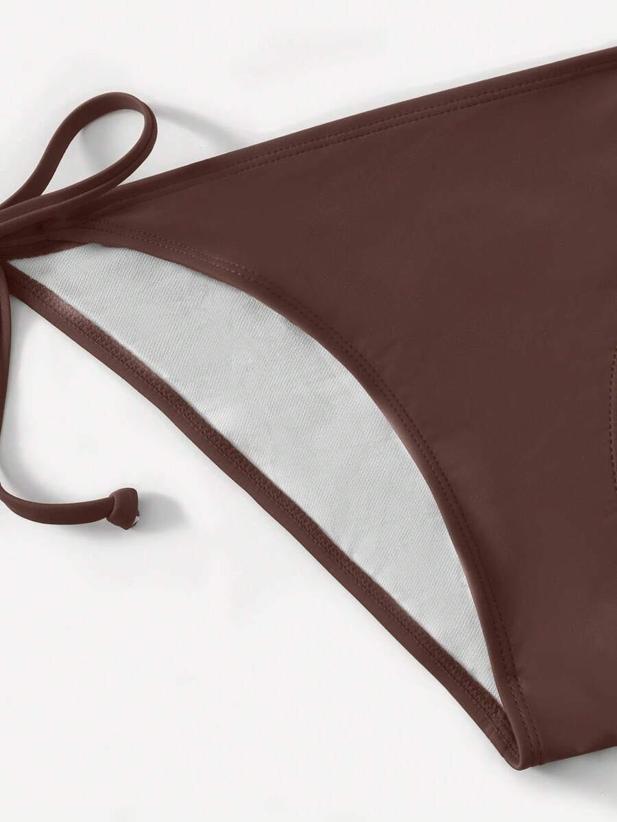 Women's high waist halter tie bikini swimwear set featuring triangle cups, wireless bra with removable padding, and tie side bottoms.