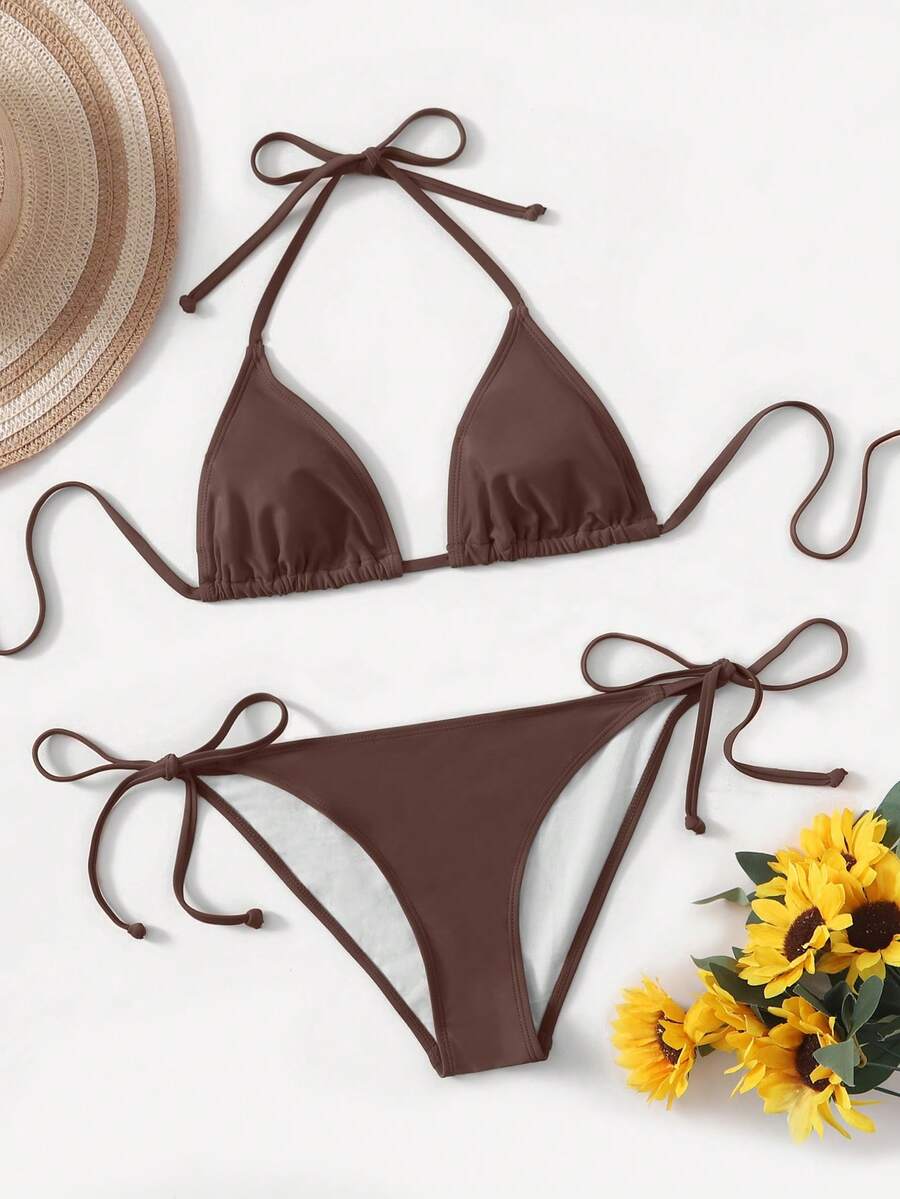 Women's high waist halter tie bikini swimwear set featuring triangle cups, wireless bra with removable padding, and tie side bottoms.