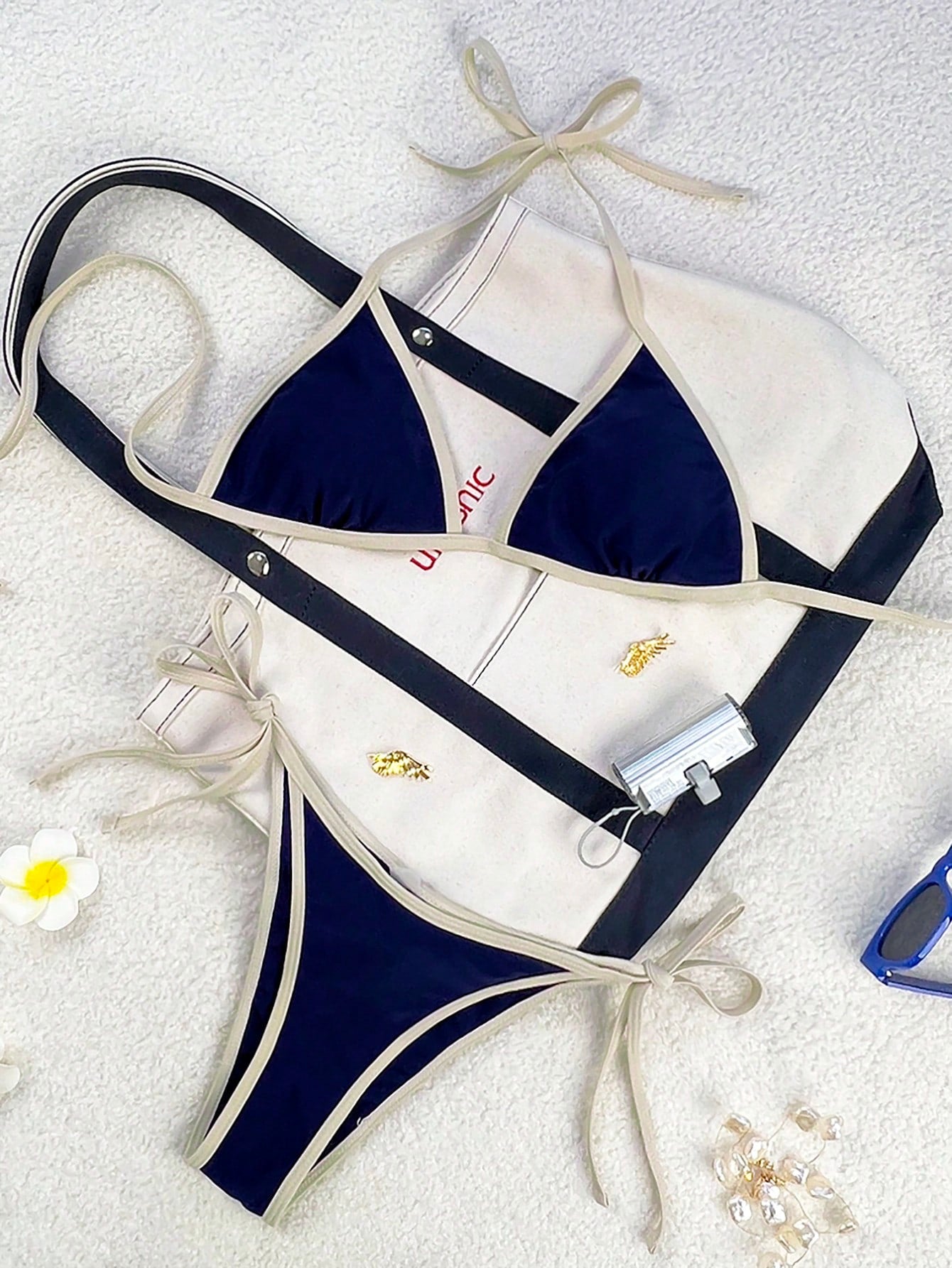 Women's apricot solid halter tie bikini top with triangle cups and matching tie-side swimsuit bottoms.