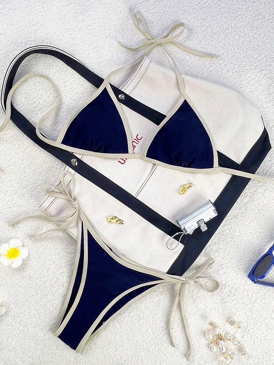 Women's apricot solid halter tie bikini top with triangle cups and matching tie-side swimsuit bottoms.