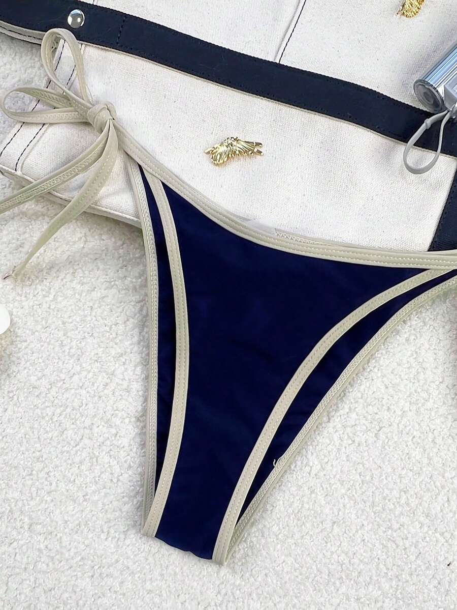 Women's apricot solid halter tie bikini top with triangle cups and matching tie-side swimsuit bottoms.