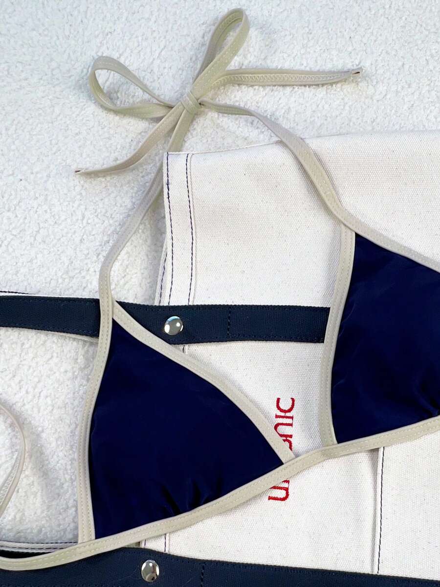 Women's apricot solid halter tie bikini top with triangle cups and matching tie-side swimsuit bottoms.