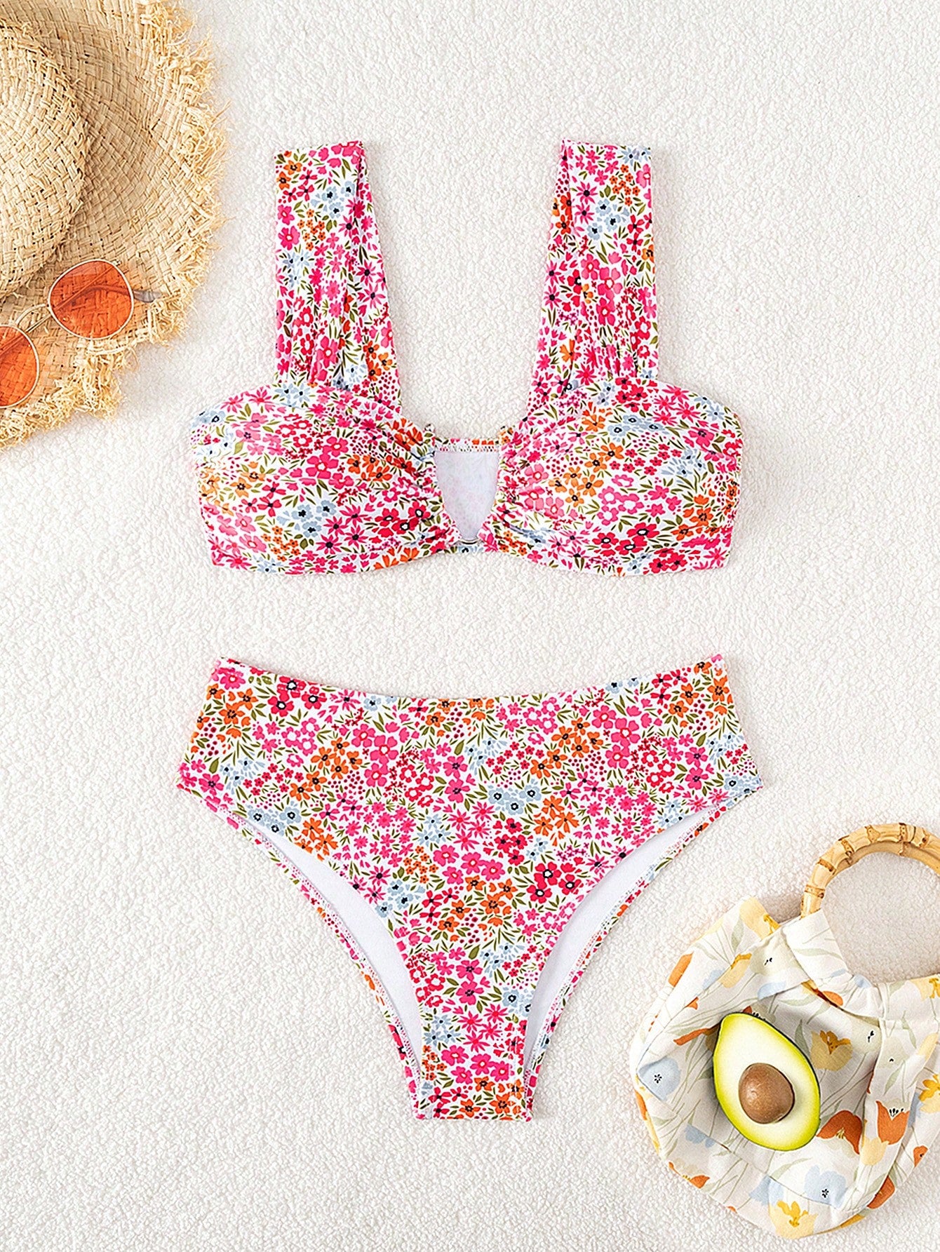 Springbreak black high waist bikini set for women featuring wireless bra top with ruffle lettuce trim and V-wired detail.