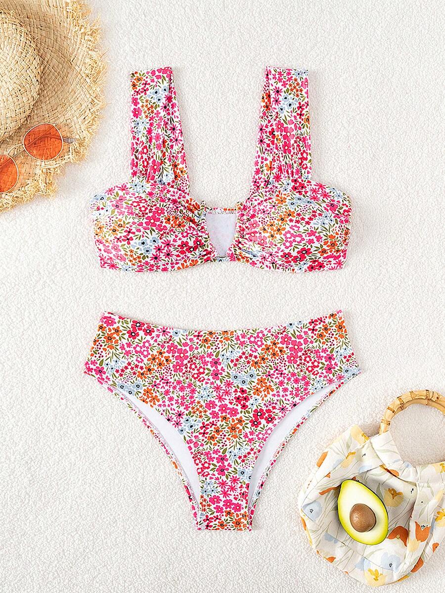 Springbreak black high waist bikini set for women featuring wireless bra top with ruffle lettuce trim and V-wired detail.