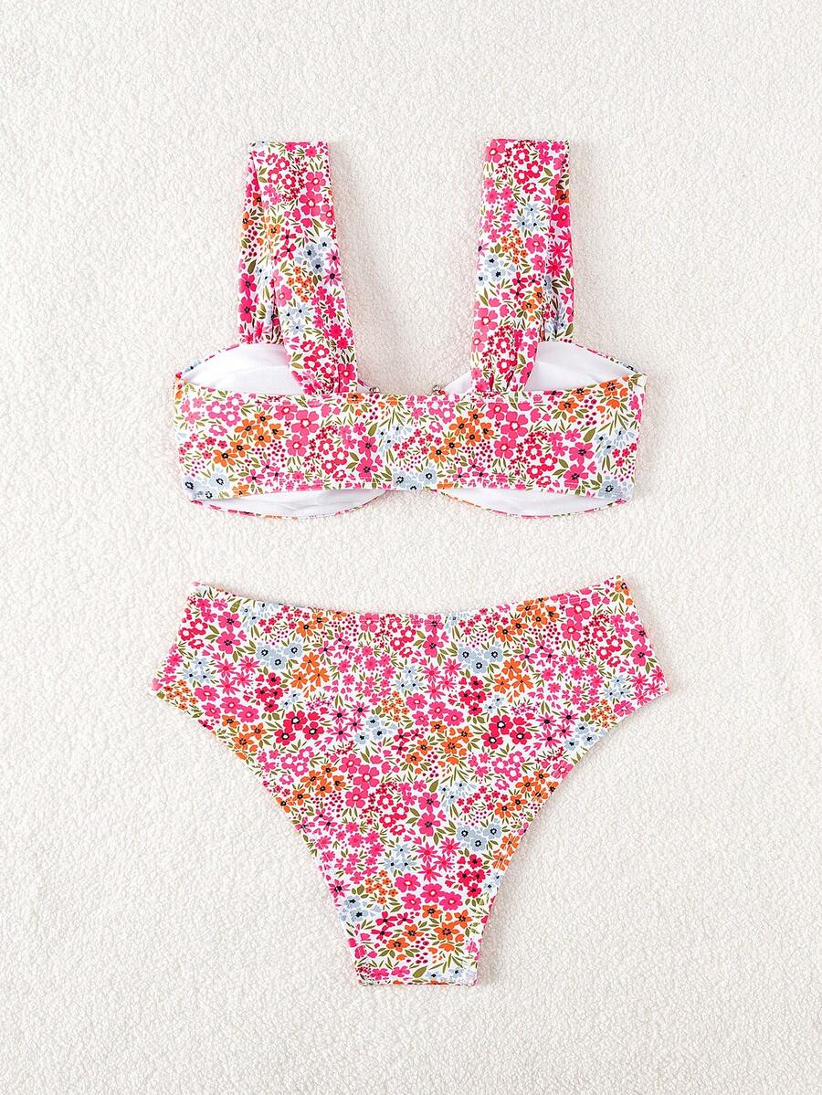 Springbreak black high waist bikini set for women featuring wireless bra top with ruffle lettuce trim and V-wired detail.