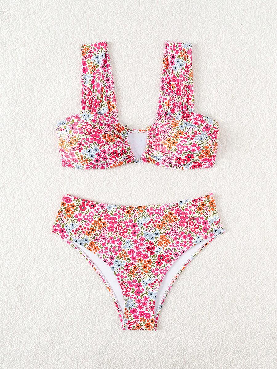 Springbreak black high waist bikini set for women featuring wireless bra top with ruffle lettuce trim and V-wired detail.