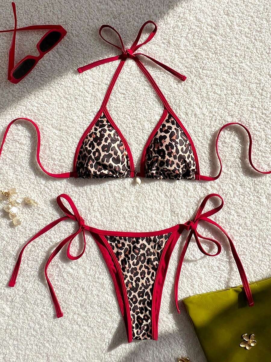 Apricot 2-piece bikini swimwear set featuring a textured halter triangle cup top with knot details and matching tie-side bottoms for women.