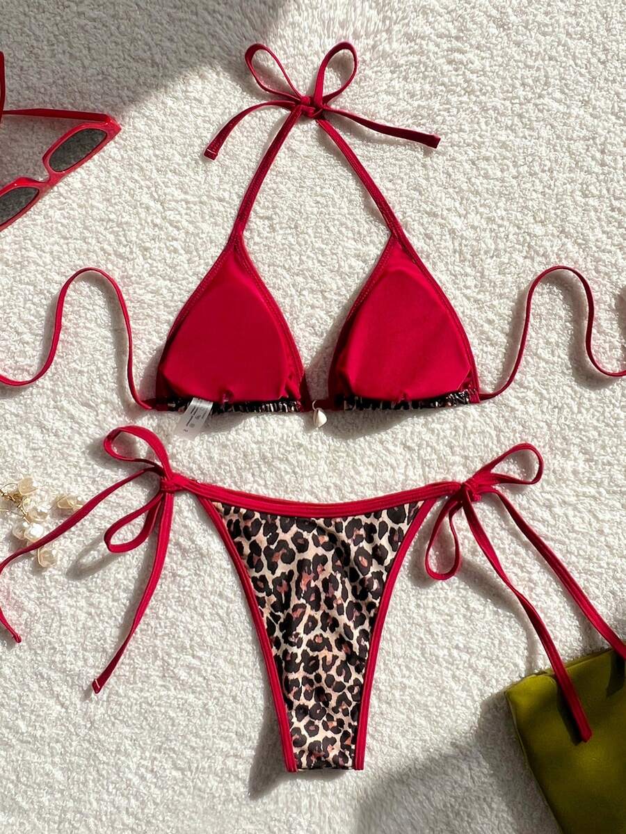 Apricot 2-piece bikini swimwear set featuring a textured halter triangle cup top with knot details and matching tie-side bottoms for women.