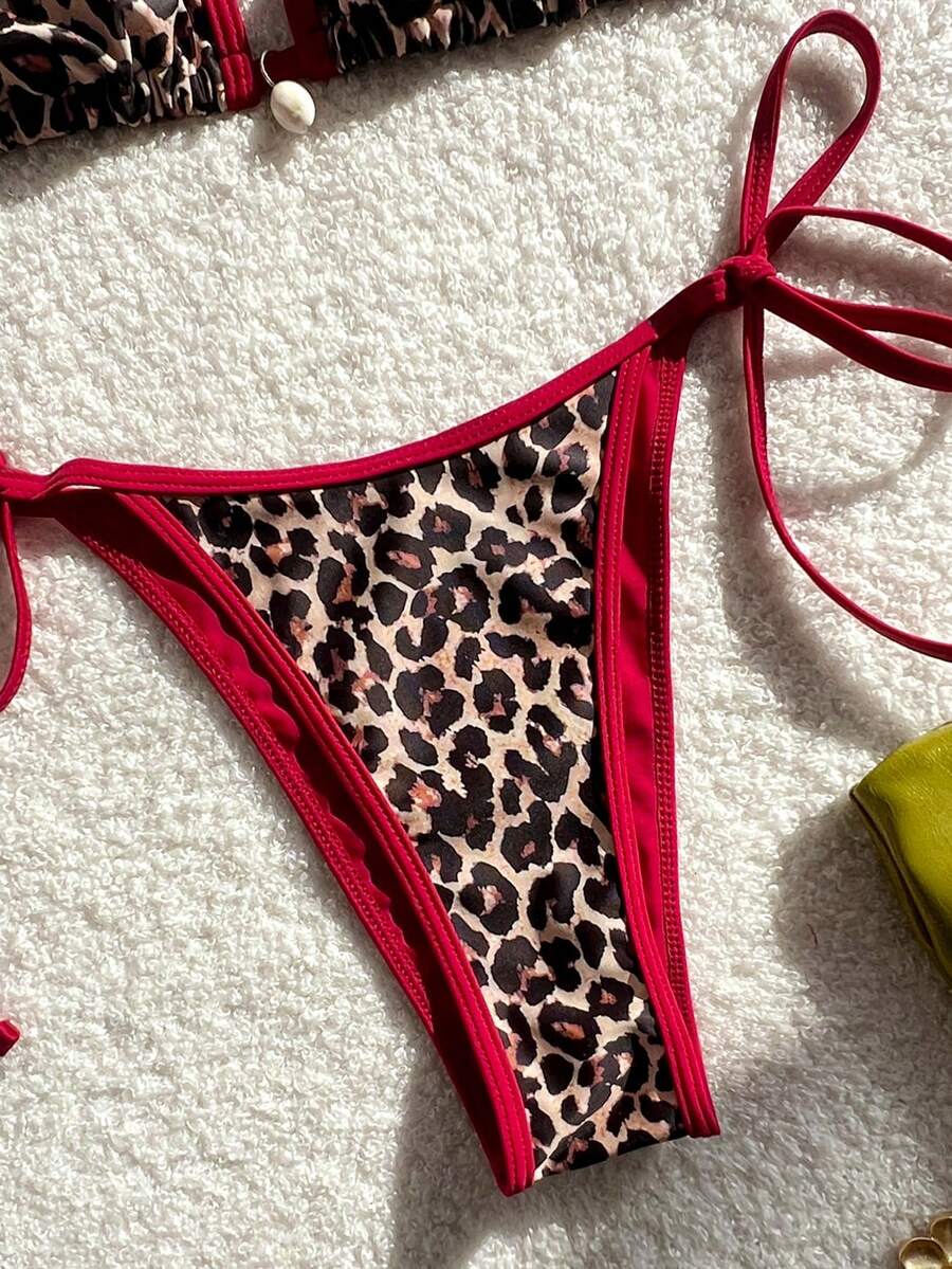 Apricot 2-piece bikini swimwear set featuring a textured halter triangle cup top with knot details and matching tie-side bottoms for women.
