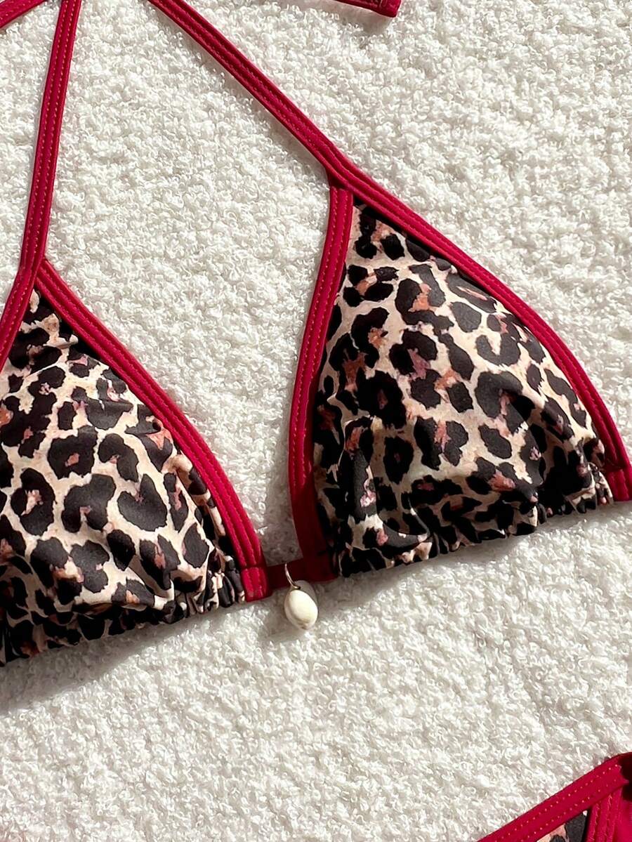 Apricot 2-piece bikini swimwear set featuring a textured halter triangle cup top with knot details and matching tie-side bottoms for women.