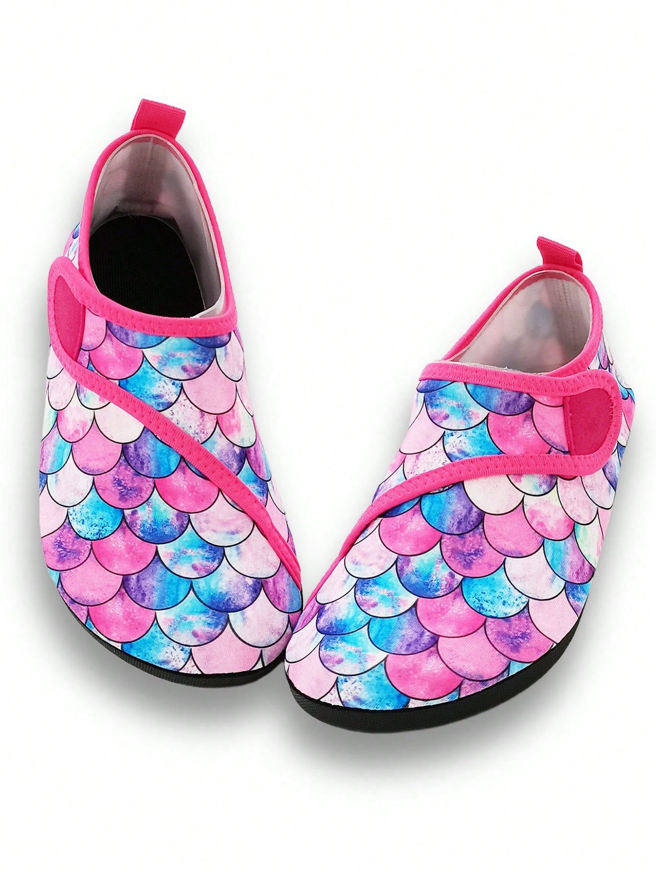 Blue kids water shoes with a shark print pattern, breathable fabric upper, and secure hook and loop closure.