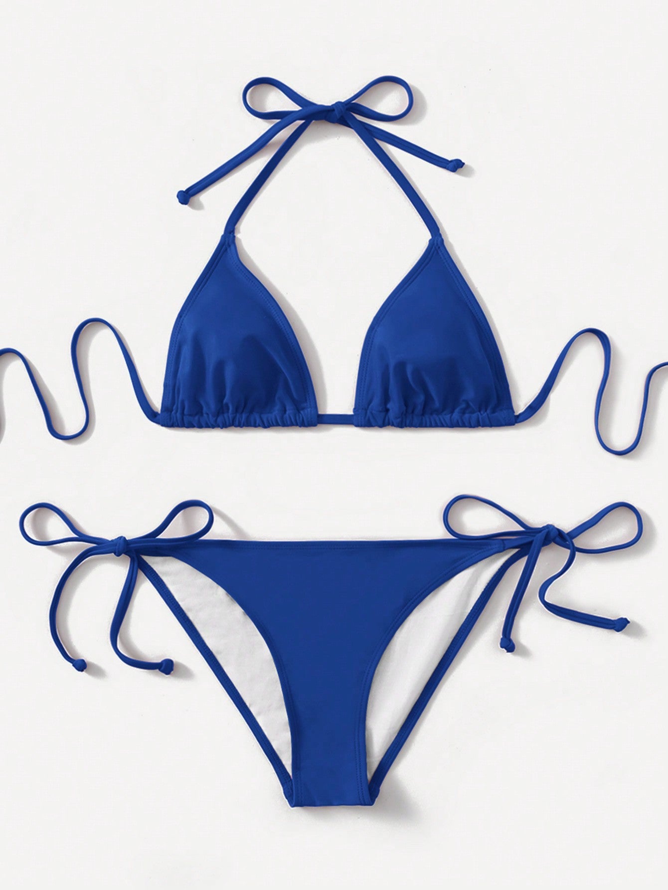Women's high waist halter tie bikini swimwear set featuring triangle cups, wireless bra with removable padding, and tie side bottoms.