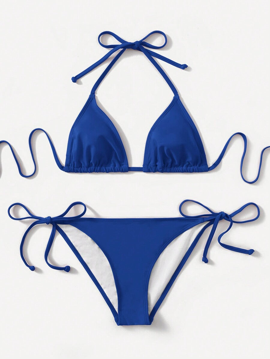 Women's high waist halter tie bikini swimwear set featuring triangle cups, wireless bra with removable padding, and tie side bottoms.