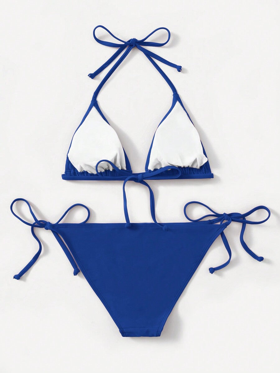 Women's high waist halter tie bikini swimwear set featuring triangle cups, wireless bra with removable padding, and tie side bottoms.