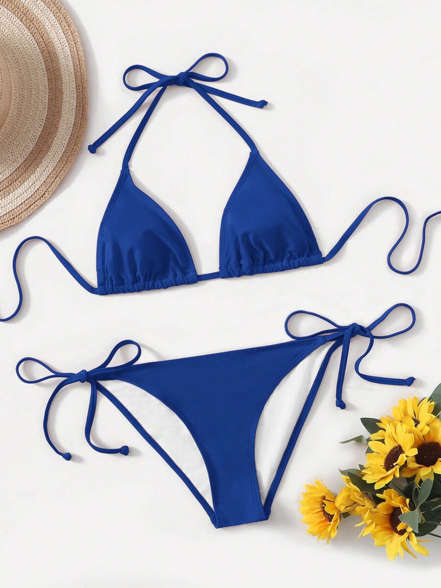 Women's high waist halter tie bikini swimwear set featuring triangle cups, wireless bra with removable padding, and tie side bottoms.