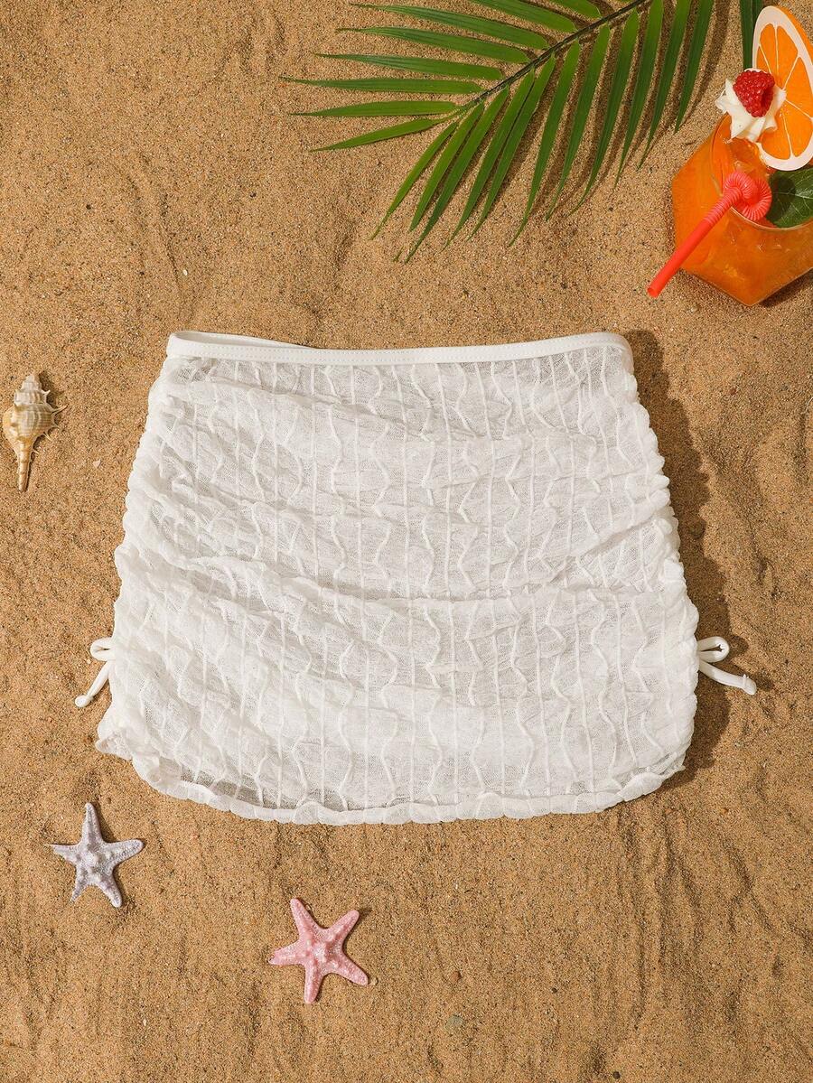 White sleeveless mesh drawstring cover-up top for tween girls, semi-sheer short beachwear style for leisure and summer holidays.