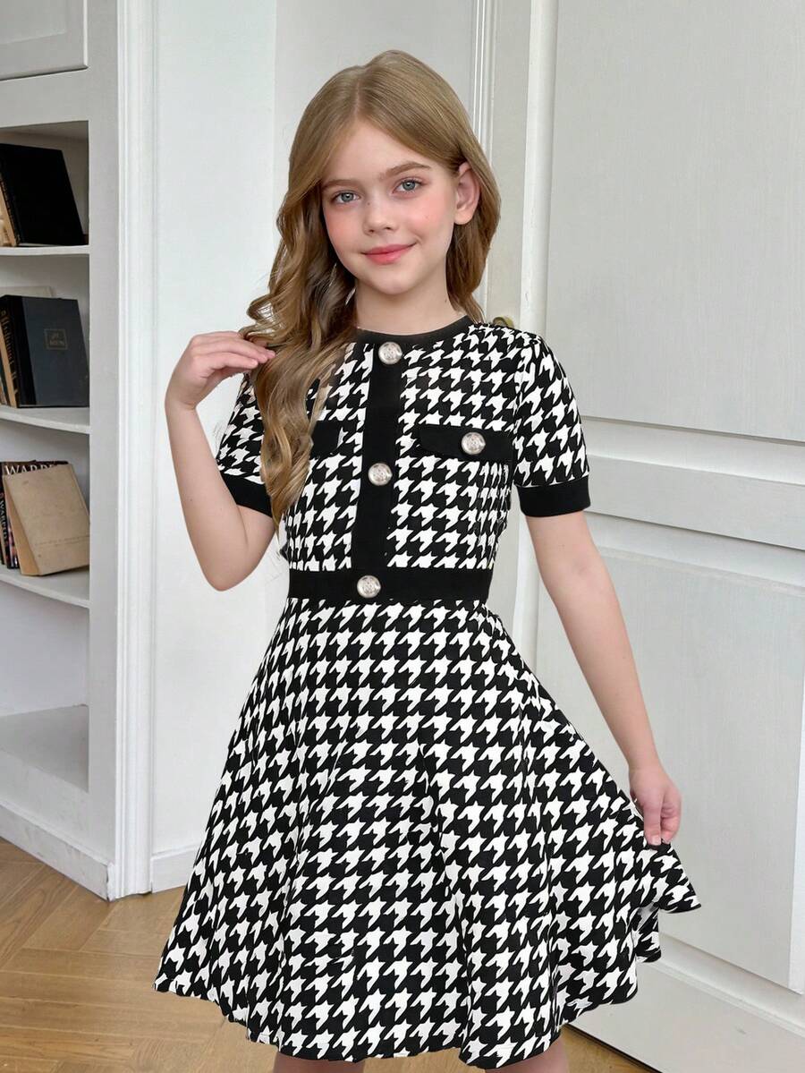 Nova Glow tween girls black and white houndstooth print short sleeve A-line dress with decorative buttons and crew neckline.
