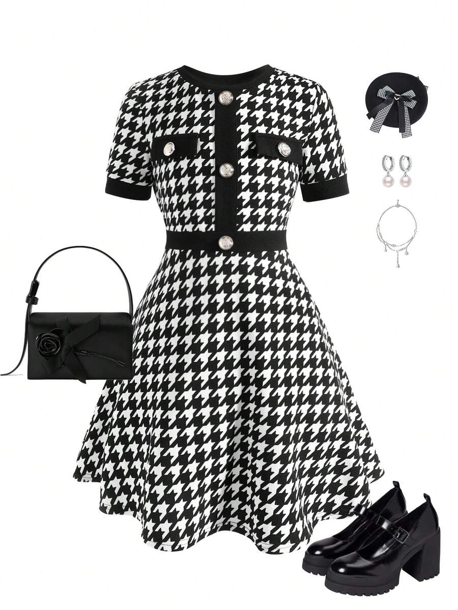 Nova Glow tween girls black and white houndstooth print short sleeve A-line dress with decorative buttons and crew neckline.