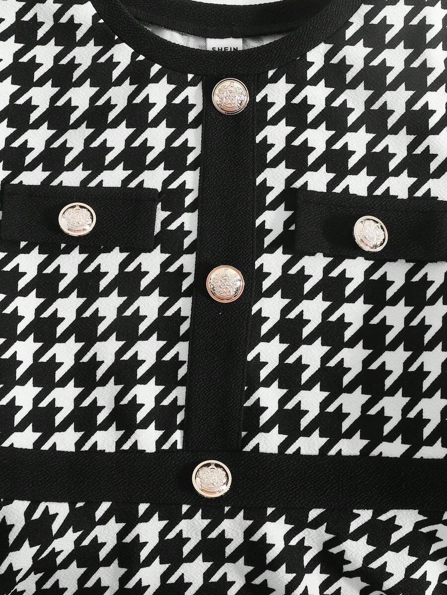 Nova Glow tween girls black and white houndstooth print short sleeve A-line dress with decorative buttons and crew neckline.