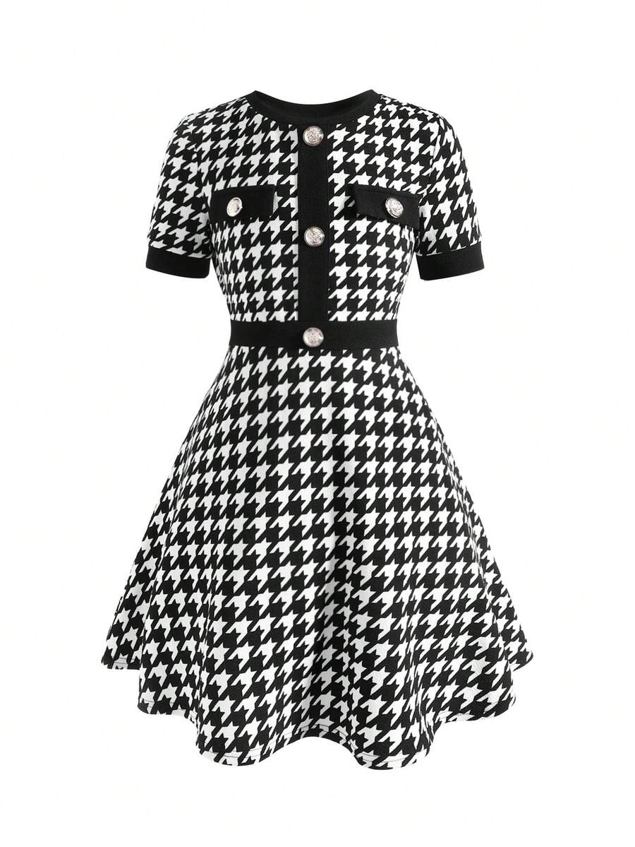 Nova Glow tween girls black and white houndstooth print short sleeve A-line dress with decorative buttons and crew neckline.