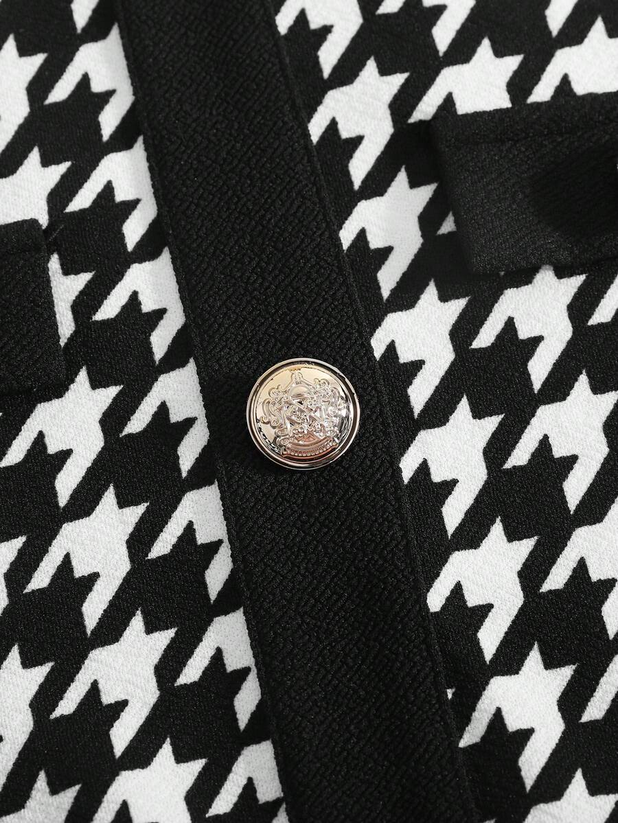 Nova Glow tween girls black and white houndstooth print short sleeve A-line dress with decorative buttons and crew neckline.
