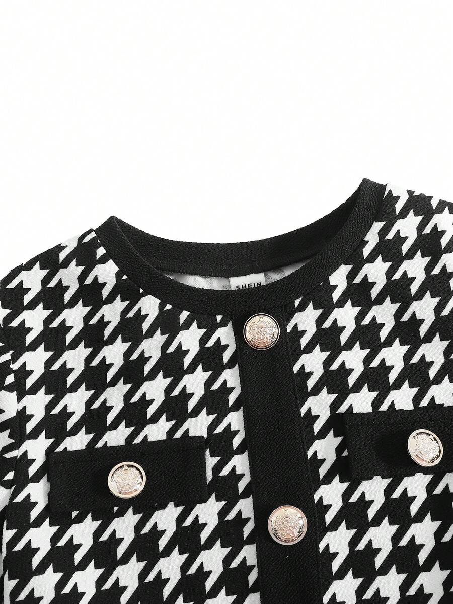 Nova Glow tween girls black and white houndstooth print short sleeve A-line dress with decorative buttons and crew neckline.