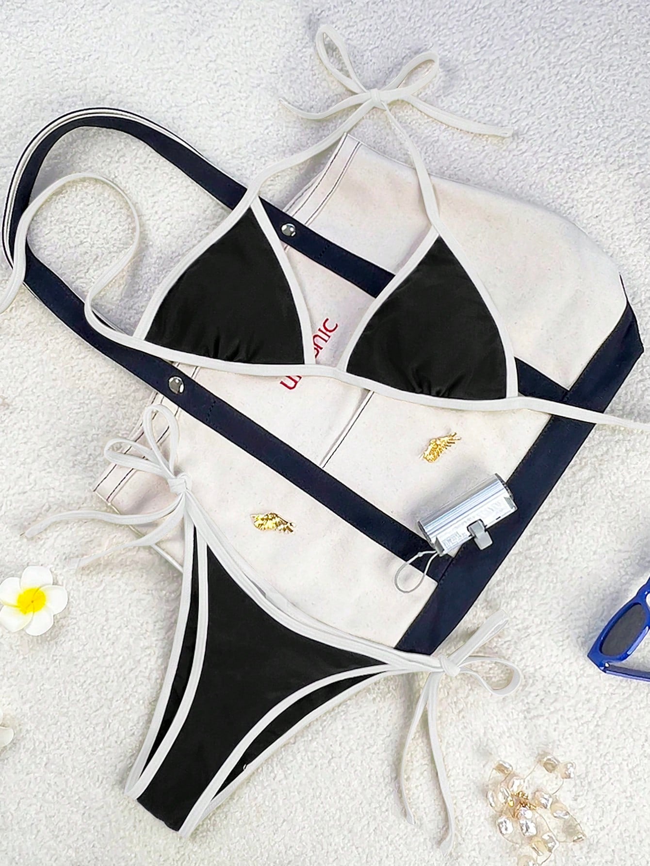 Women's apricot solid halter tie bikini top with triangle cups and matching tie-side swimsuit bottoms.