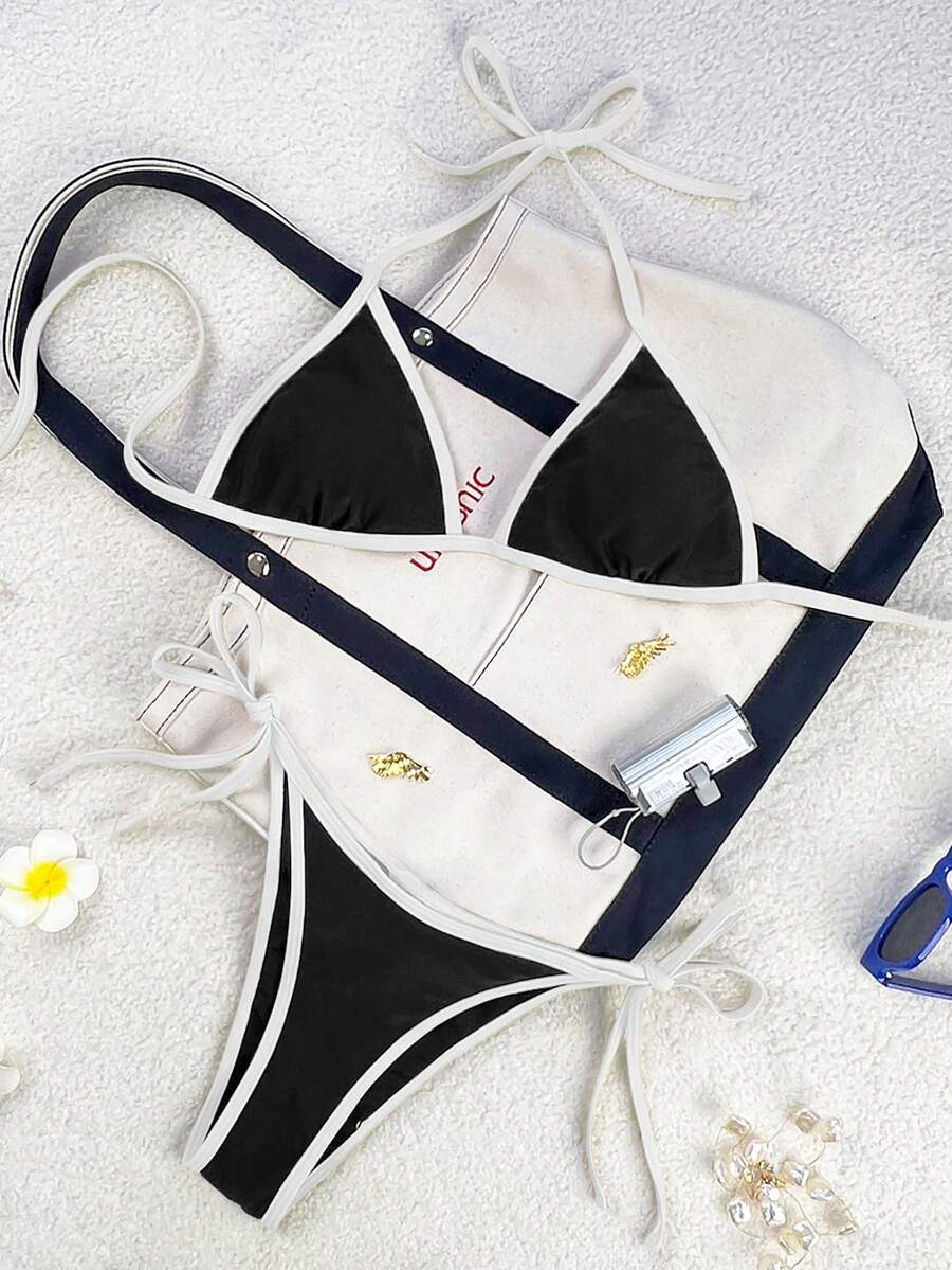 Women's apricot solid halter tie bikini top with triangle cups and matching tie-side swimsuit bottoms.