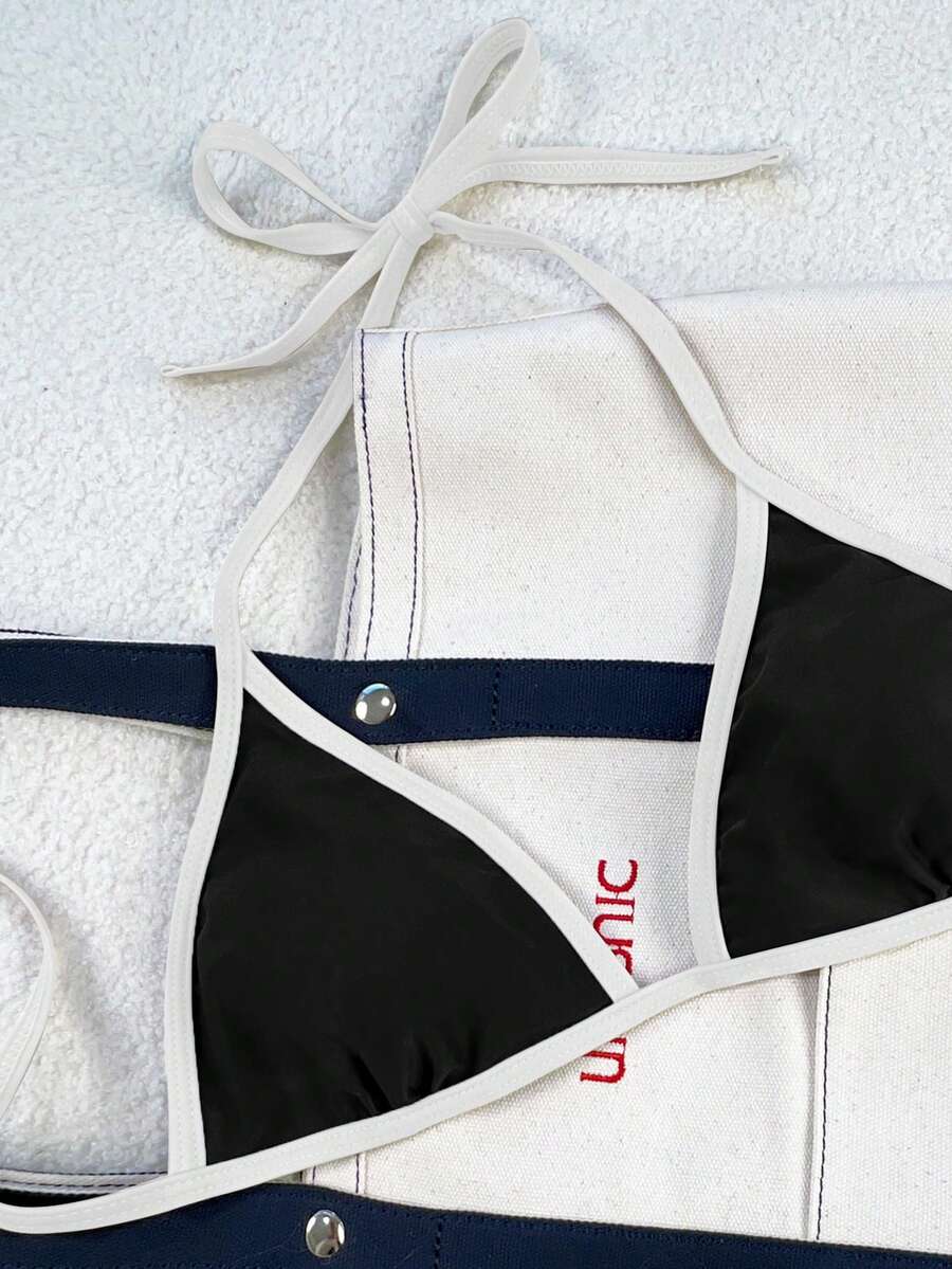 Women's apricot solid halter tie bikini top with triangle cups and matching tie-side swimsuit bottoms.