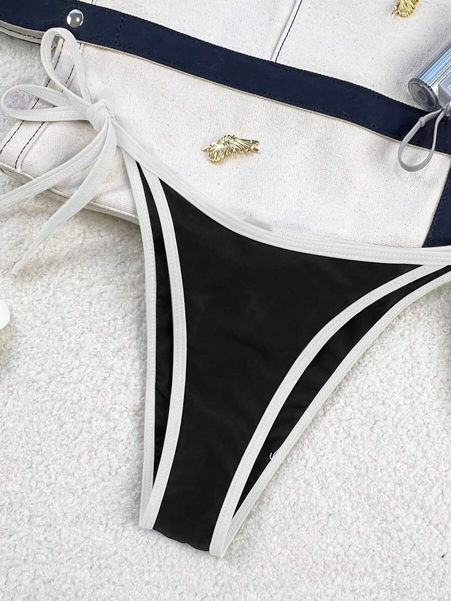 Women's apricot solid halter tie bikini top with triangle cups and matching tie-side swimsuit bottoms.