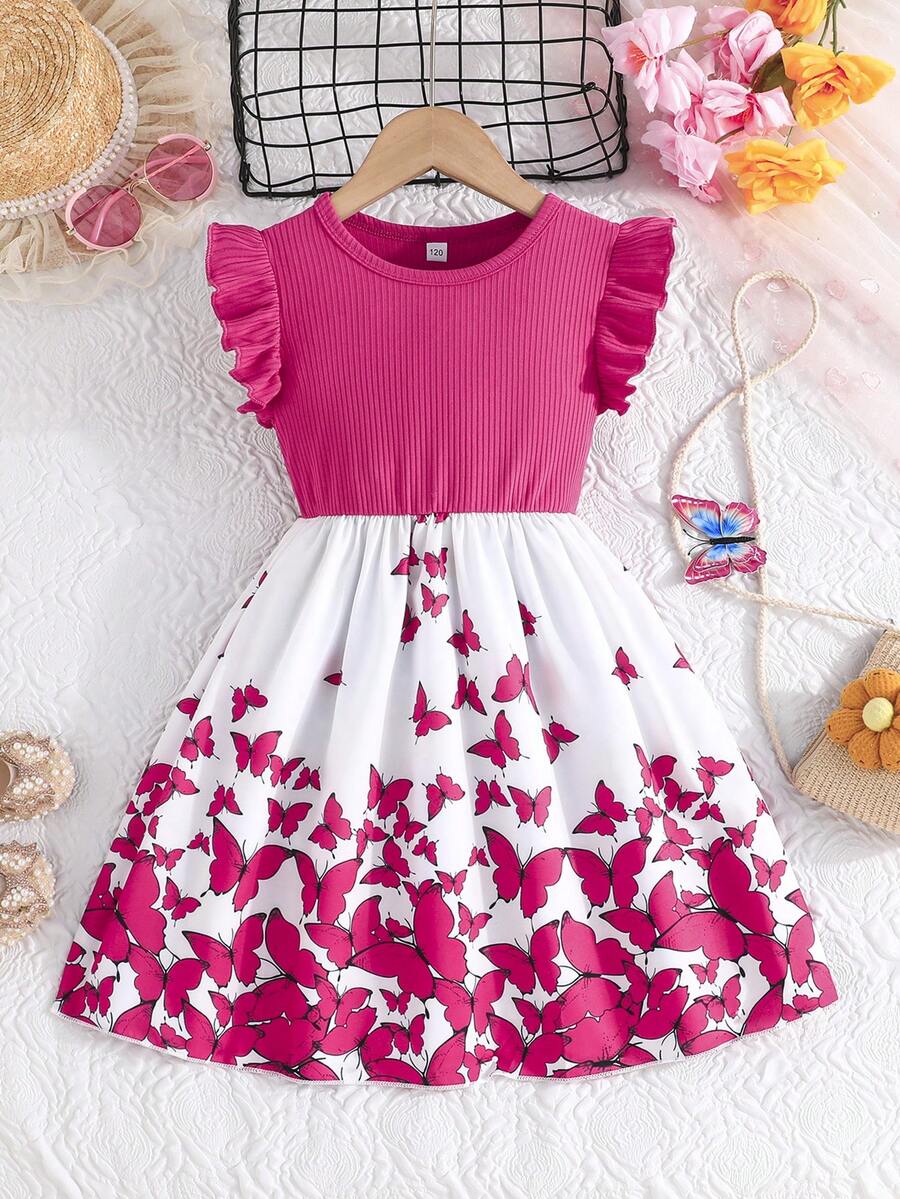 Tween girls blue floral print A-line midi dress featuring round neck, ruffle and contrast mesh details, high waist, and flared hem.