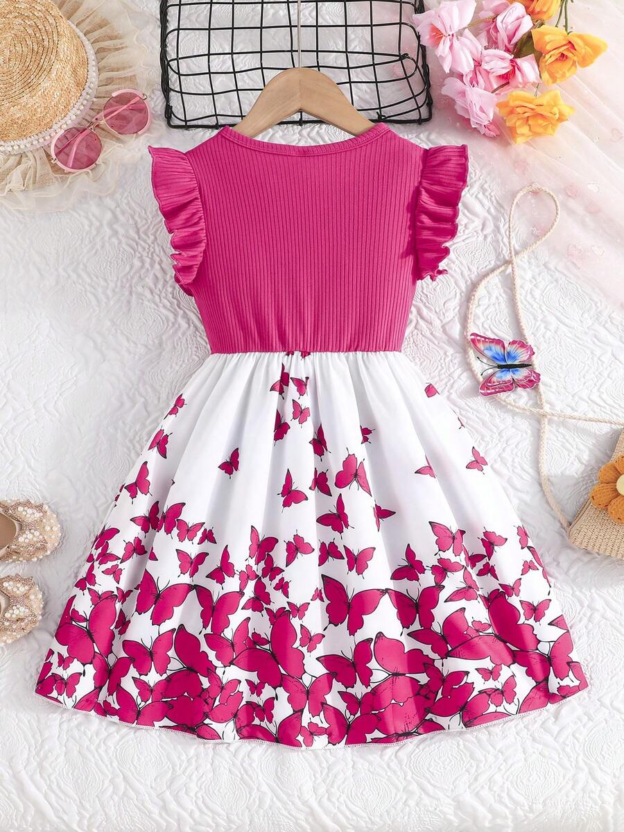 Tween girls blue floral print A-line midi dress featuring round neck, ruffle and contrast mesh details, high waist, and flared hem.
