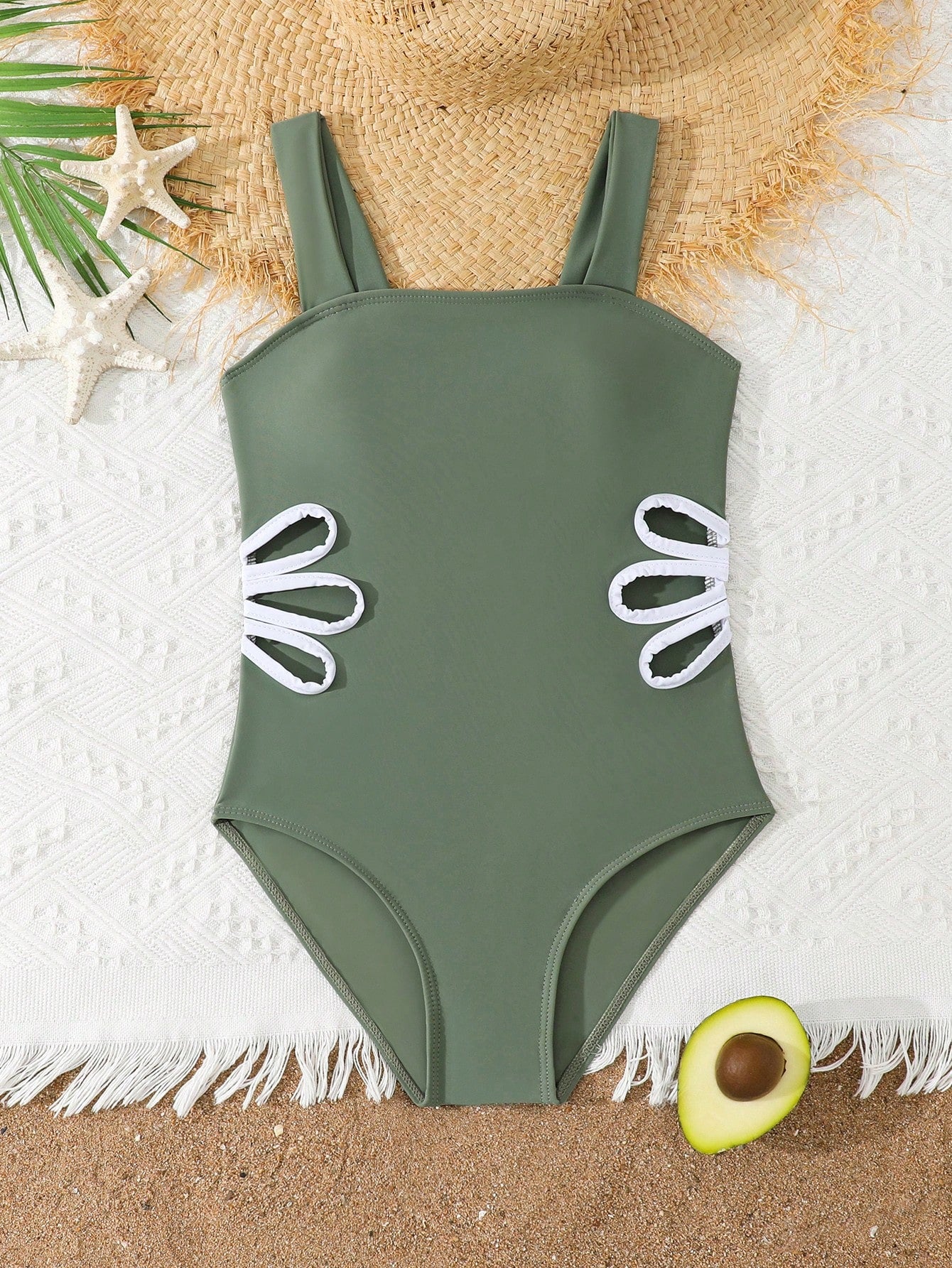 Tween girls purple one-piece swimsuit with strap neckline, cut-out detail, plain vacation style, wireless bra, and mid-waist bottom